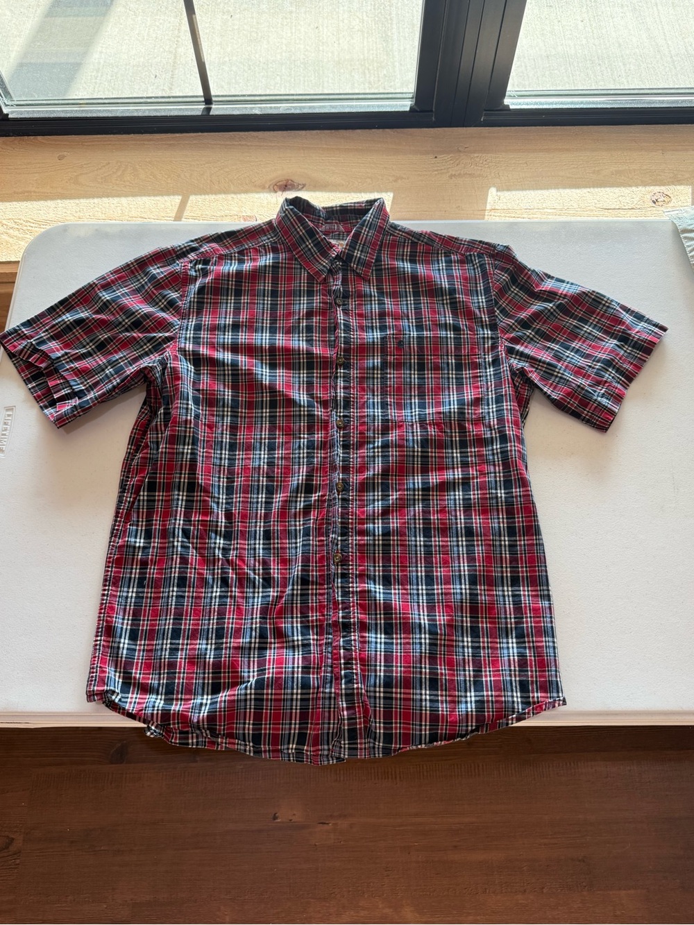 Carhartt Short-Sleeve Red and Black Plaid Button-Down Shirt